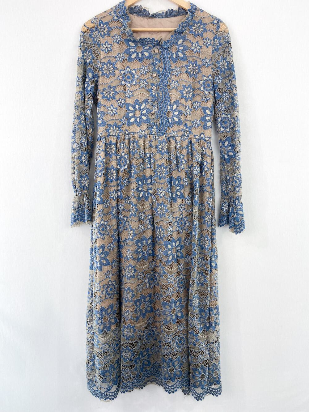 METISU Blue Lace Long Sleeve Midi Dress size Medium Peasant Boho Coquette